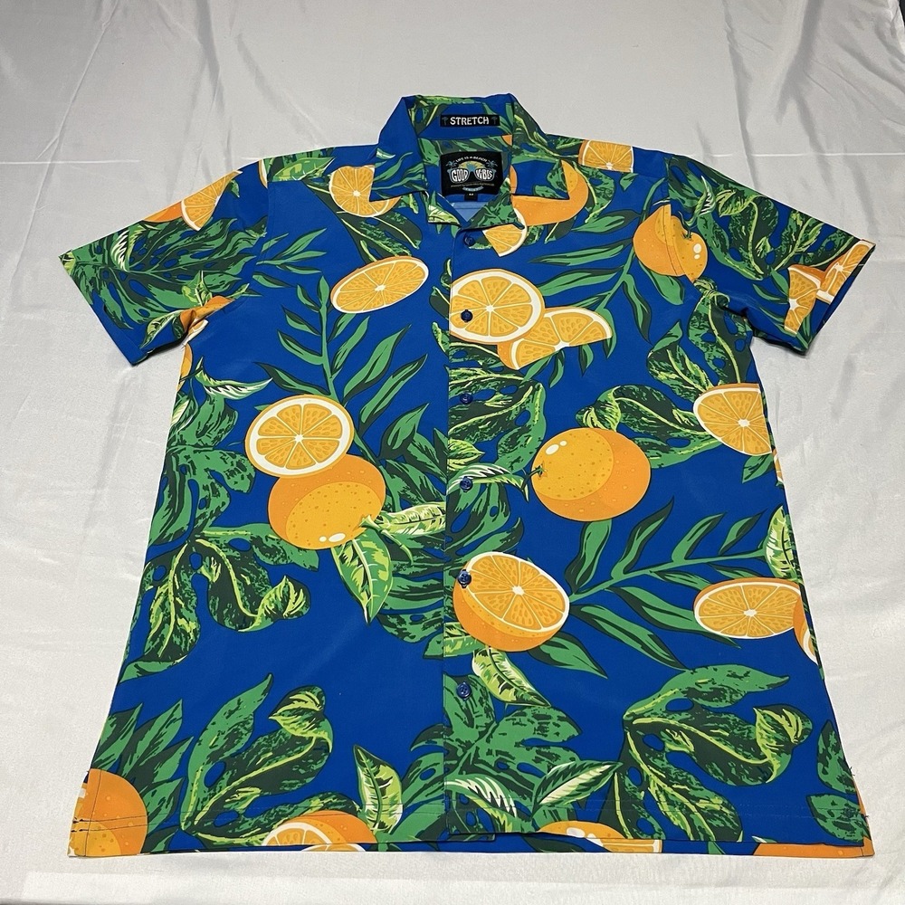 Good Vibes Hawaiian Shirt Mens Medium Blue Floral Lemons Stretch Beach AOP